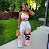 Floral Print Single Shoulder Wide-Leg Pants Two-Piece Set SHD-9738