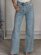 Plus Size Rhinestone Washed Straight Jeans OD-8751