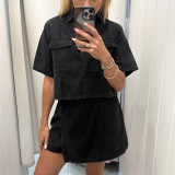 V Neck Short Sleeve Denim Two Piece Skirts Set XCFF-12718