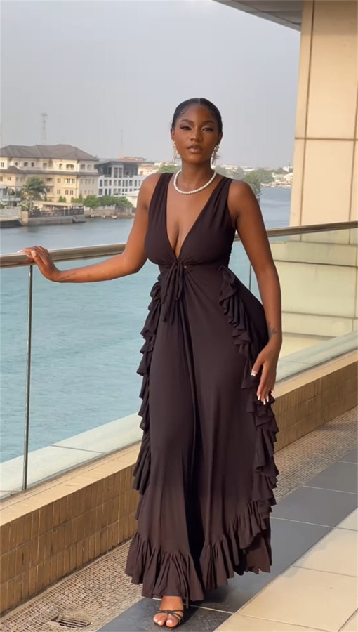 V Neck Tie Up Ruffles Long Dress GMSF-9270