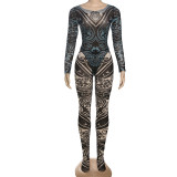 Mesh Print Long Sleeve Bodysuit Two Piece Pants Set DLSF-K25S74505