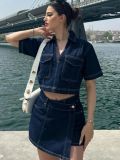 V Neck Short Sleeve Denim Two Piece Skirts Set XCFF-12718