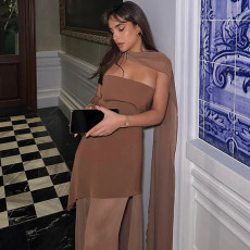 Backless Mesh Patchwork Maxi Dress With Scarf GAXB-G1049DS