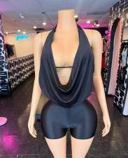 Pre Order: About 7 work days shipping Halterneck Solid Color Tops Short Suit YUEM-300888