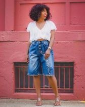 Plus Sizse Multi-button Loose Denim Fifth Pants GYLN-8606