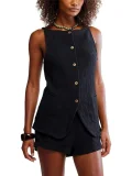 Sleeveless Button Vest Shorts Two Piece Set SHD-9799