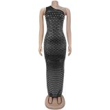 Mesh Hot Drill Slash Shoulder Maxi Dress BY-7422