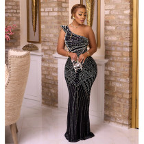 Hot Drill Slash Neck Slim Maxi Dress BY-6818