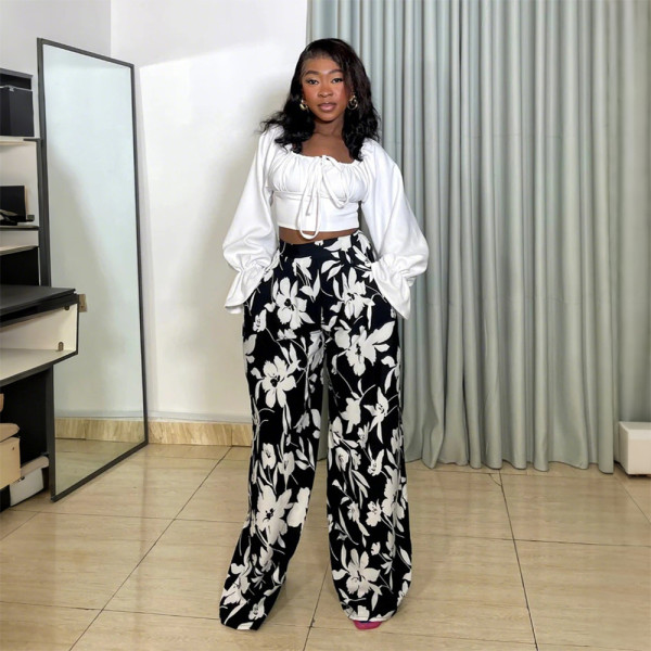 Solid Long Sleeve Loose Print Wide Leg Pant Suit CYA-901924