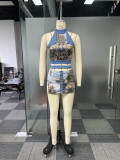 Printed Metal Chain Split Skirt Set NY-3608