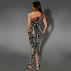 Mesh Hot Drill Slash Shoulder Maxi Dress BY-7422