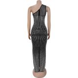 Mesh Hot Drill Slash Shoulder Maxi Dress BY-7422