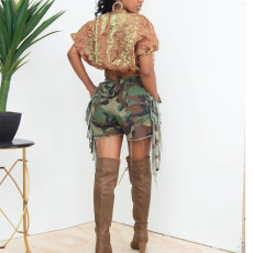 Plus Size Camouflage Print Tassel Short GBTF-6603PL
