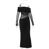 One Shoulder Mesh Hollow Out Maxi Dress FL-JY24308DGO