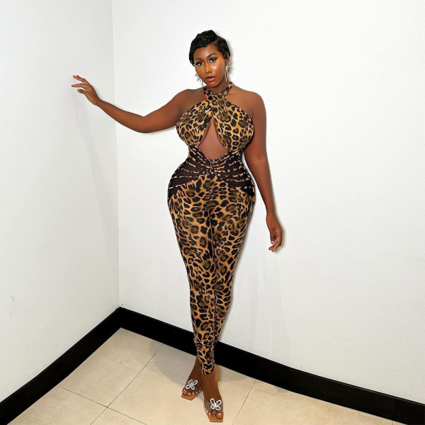 Mesh Patchwork Leopard Print Jumpsuit GBTF-11242JHR