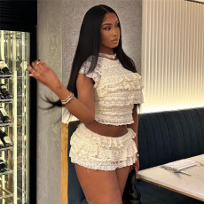 Solid Color Hollow Out Pleated Shorts Suit GZJQ-K24S48539