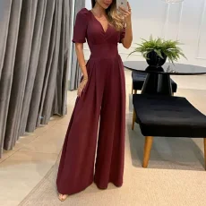 V-neck Tie-up Bubble Short-sleeve Loose Jumpsuit GCNE-8712