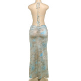 Print Pearl Chain Backless Halterneck Maxi Dress GYME-K24D61483