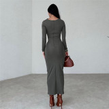 Long Sleeve O Neck Solid Maxi Dress GYME-K23D37748