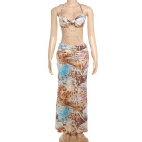 Print Pearl Chain Backless Halterneck Maxi Dress GYME-K24D61483