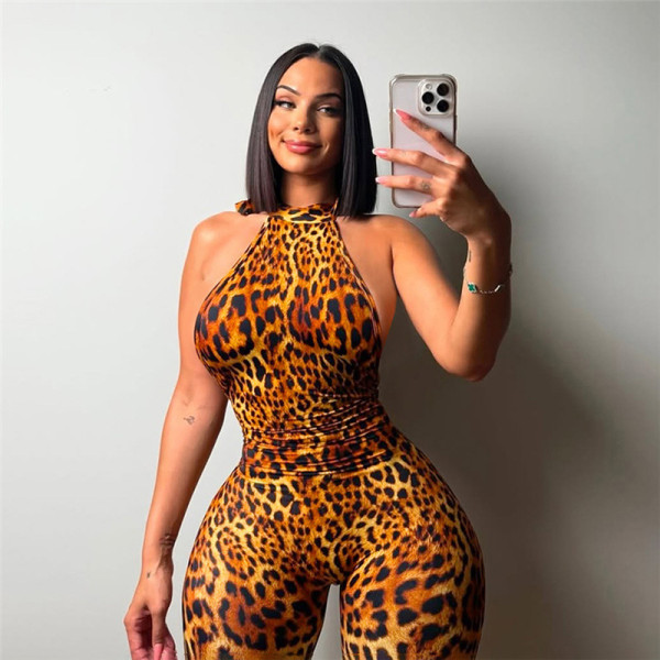 Leopard Print Tight Backless Jumpsuit SHD-9539