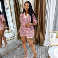 V Neck Stripe Knits Two Piece Shorts Set QYMF-M3090