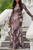 Print Long Sleeve Pleated Maxi Dress GYXF-9199