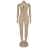 Backless Halterneck Solid Color Jumpsuit BY-7489