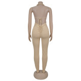 Backless Halterneck Solid Color Jumpsuit BY-7489