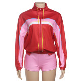 Long Sleeve Color Block Sport Two Piece Shorts Set XEF-K25S74489