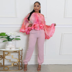Off Shoulder Mesh Flare Sleeve Tops YF-20214