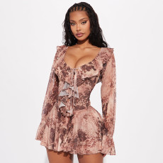 Ruffles Long Sleeve Mesh Print Mini Dress MXBF-J25DS180
