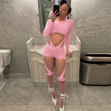 Long Sleeve Solid Bodysuit Two Piece Shorts Set MXBF-D25ST208