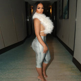 Fur Collar Backless Snake Print Seventh Pants Suit  MXBF-J25ST158