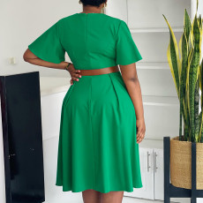 Plus Size V Neck Flare Sleeve Midi Dress GCZF-8636