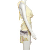Fashion Halterneck Tie Up Tops Print Skirts 3 Piece Set XEF-K25S67407