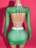 Mesh Long Sleeve Tops+Bikinis Print Three Piece Skirts Set YWXS-K25L704