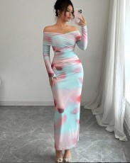 Print Off Shoulder Long Sleeve Maxi Dress GXIN-8853