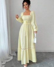 Solid Color U Neck Lace Patchwork Maxi Dress GXIN-8854