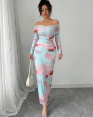 Print Off Shoulder Long Sleeve Maxi Dress GXIN-8853