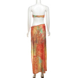 Sexy Print Wrap Chest Split Bikinis Long Skirt 3 Piece Swimsuit XEF-K25S66054