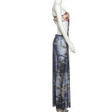 Sexy Mesh Print Slash Shoulder Split Maxi Dress XEF-K25D67364