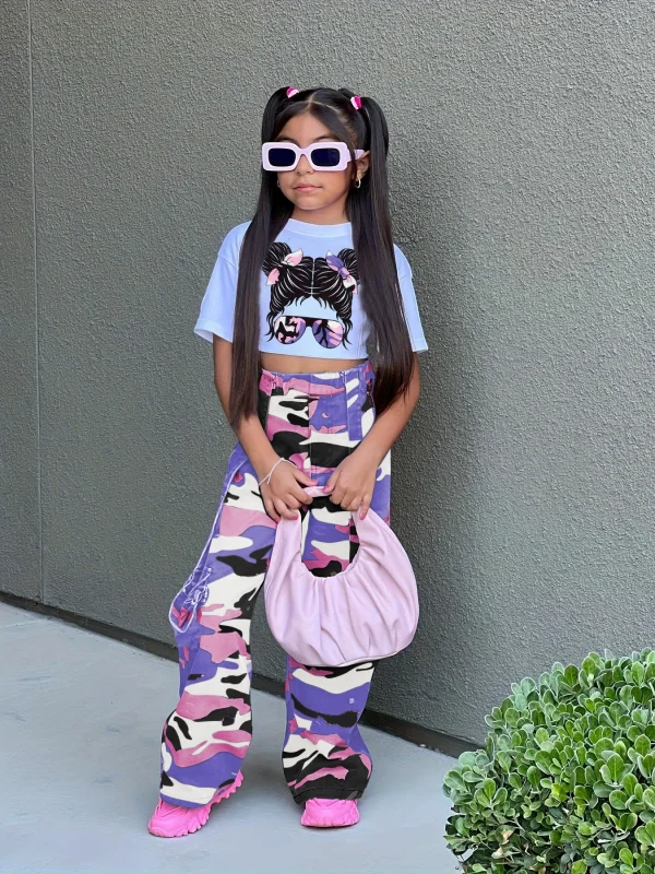 Kids Girl Cartoon Print T Shirt Camouflage Print Pants Suit GYMF-YM160