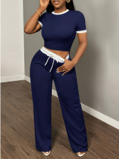 Short Sleeve Contrast Color Loose Two Piece Pants Set GYXF-6666