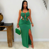 Halterneck Hollow Out Sexy Slit Maxi Dress GTYZ-7575
