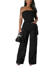 Off Shoulder PU Leather Two Piece Pants Set GXBQ-1141835