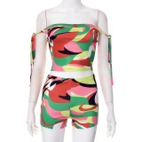 Colorful Print One Shoulder Two Piece Shorts Set GXBQ-RFD-s8065