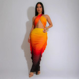 Gradient Print Wrap Chest Pleated Two-piece Skirts Set GTYZ-7571