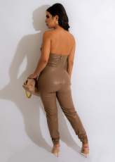 Off Shoulder PU Leather Tube Tops Jumpsuit GXBQ-1141824