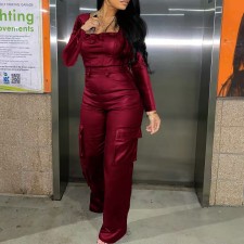Long Sleeve Tight PU Leather Jumpsuit GXBQ-1141836